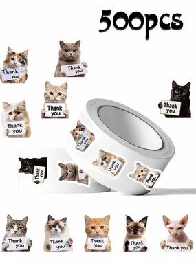 500 Cat Thank You Stickers Roll